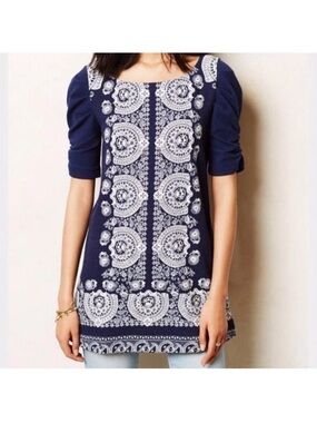 Anthropology Akemi+Kin Manet Tunic Mini Dress Women Size XS Navy White Boho